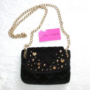 Betsey Johnson Black Velvet Purse with Heart Star Metal Accents